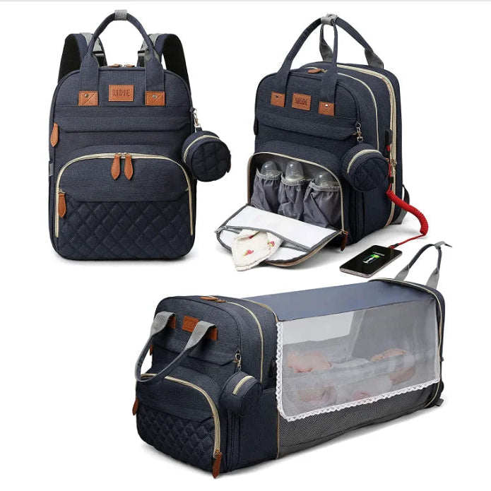 Sac à Dos à Langer Multifonctionnel avec Lit Pliant et Port USB pour Voyages