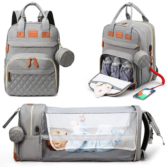 Sac à Dos à Langer Multifonctionnel avec Lit Pliant et Port USB pour Voyages