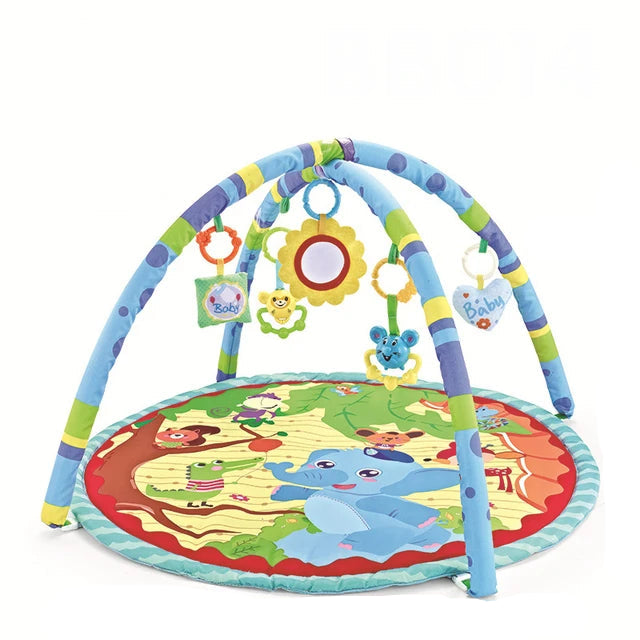 Tapis d'éveil bébé avec arceaux et jouets suspendus colorés.