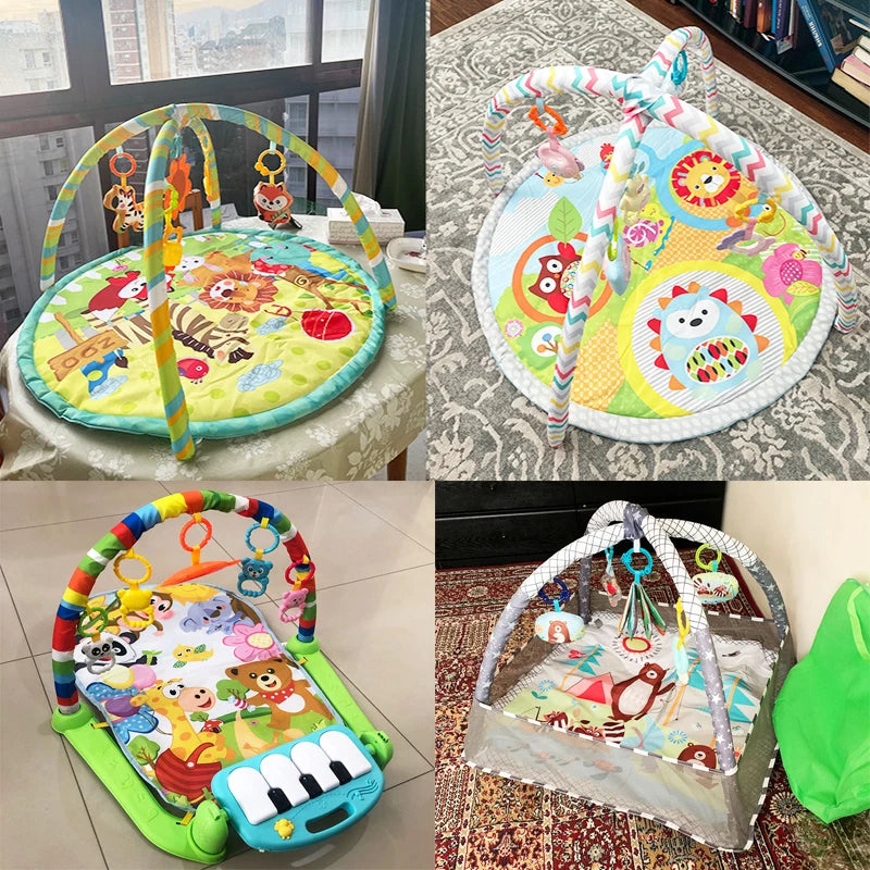 Tapis d'éveil pour bébé avec arche de jeux et motifs colorés.