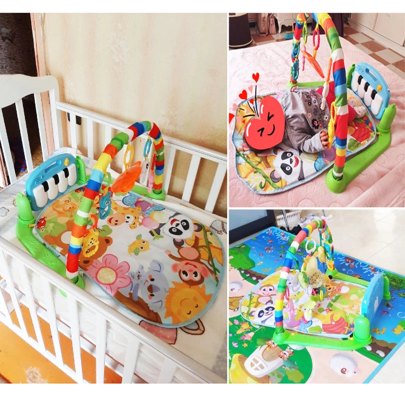 Tapis d'éveil pour bébé avec arche de jeux colorée et motifs animaux.
